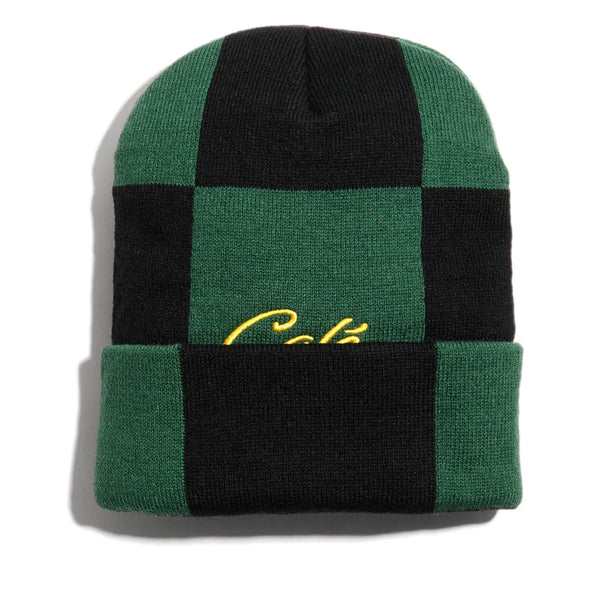 Cafe Check Fold Beanie Forest Green/Black/Gold