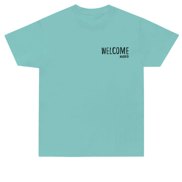 Welcome Madrid Faces Art Teal Tee